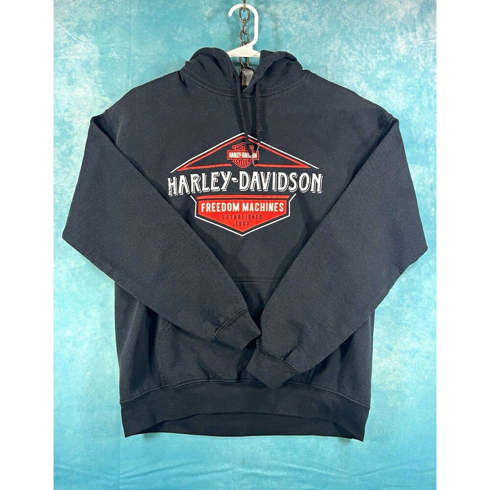 Harley-Davidson Mens M Black Graphic Logo Pullover Fleece Hoodie Pockets